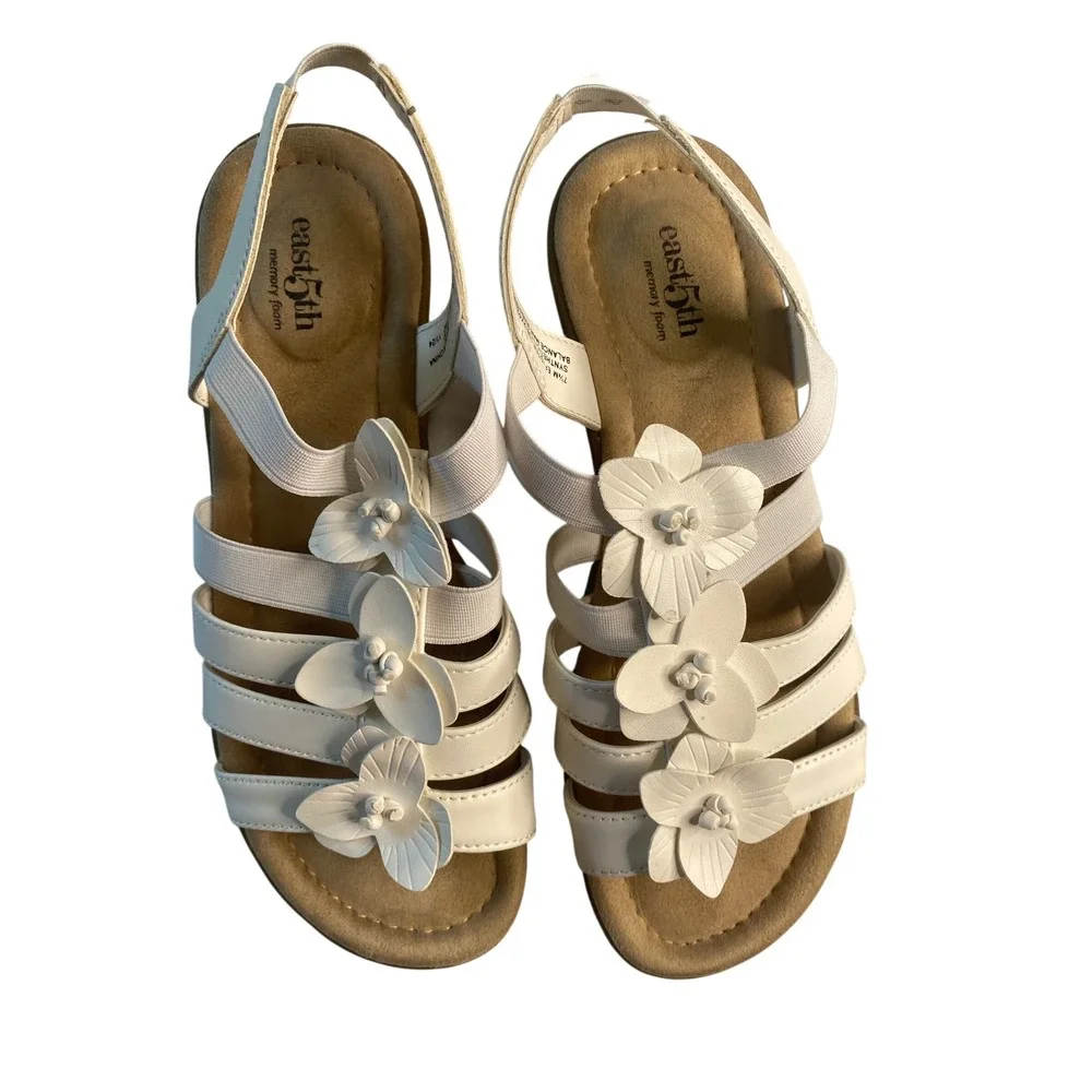 East 5th Womens White Floral Strappy Wedge Sandals Memory Foam‎ Size 7.5 M